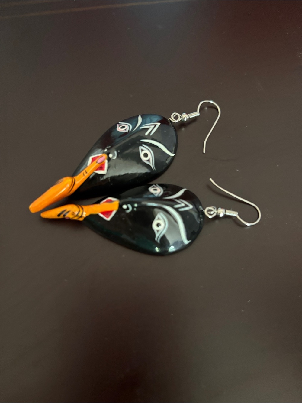 Hand-Painted Black and Orange Sshh Earrings